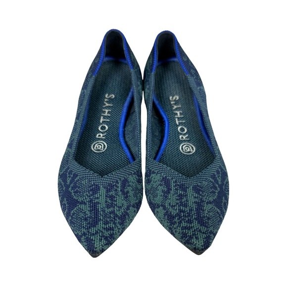 Rothy's The Point Emerald Blue Snake Ballet Flat Slip-on Shoes Pointed Toe EUC - Picture 1 of 9